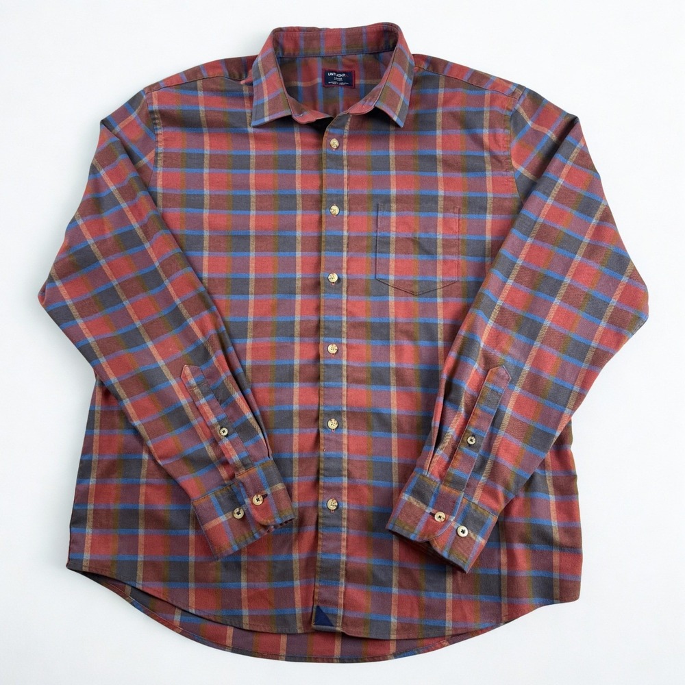UNTUCKit Ryan Button Down Mens Large Rust Orange Plaid Stretch Long Sleeve Shirt